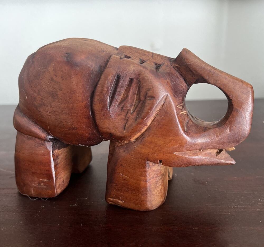 MCM Hand Carved Teak Wood Elephant Figurine Decor Symbol of Good Luck